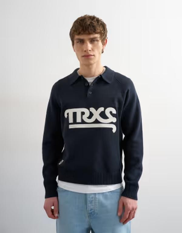 トップマン メンズ アウター ニット・セーター ポロシャツ Topman classic fit knit rugby polo with applique text NAVY ネイビー