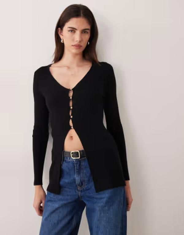 ミスセルフフリッジ レディース アウター カーディガン リブニット Misselfridge rib knit button up longline cardigan Black ブラック