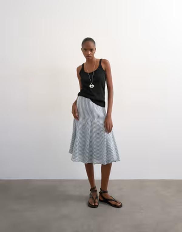 トップショップ レディース ボトムスカート Topshop dropped waist godet hem crinkle skirt and white stripes Mono stripe スト