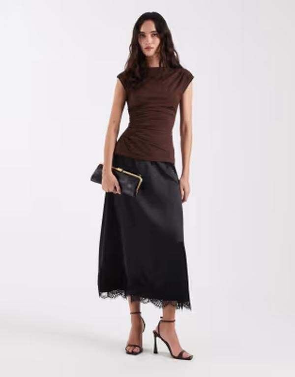 オンリー レディース ボトムスカート レーストリム ミディ サテン レース ONLY lace trim satin midi skirt Black ブラック