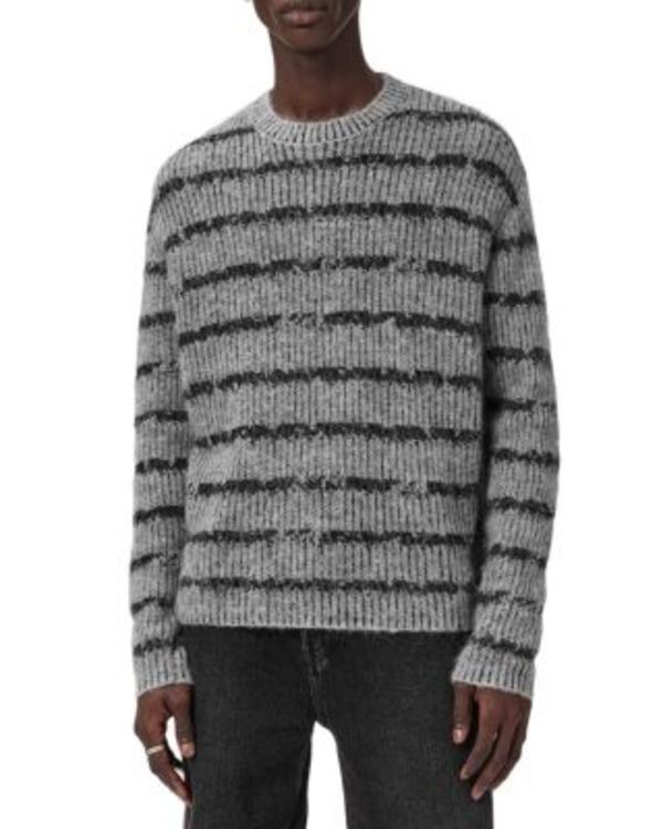オールセインツ メンズ アウター ニット・セーター クルーネック ALLSAINTS Dissolved Striped Crewneck Sweater GreyBlack ブラック 30,420円