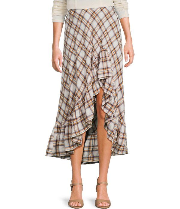 チェルシーアンドバイオレット レディース ボトムスカート アシンメトリー フリル CV Chelsea Violet Plaid Asymmetric Ruffle Skirt BrownBirch