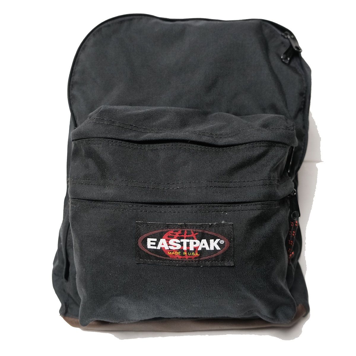 90's USA製 イーストパック EASTPAK ボトムレザー ナイロン リュックサック 黒 ブラック バックパック 90年代 アメリカ製 旧タグ オールド アメリカ古着 USED ビンテージ ヴィンテージ