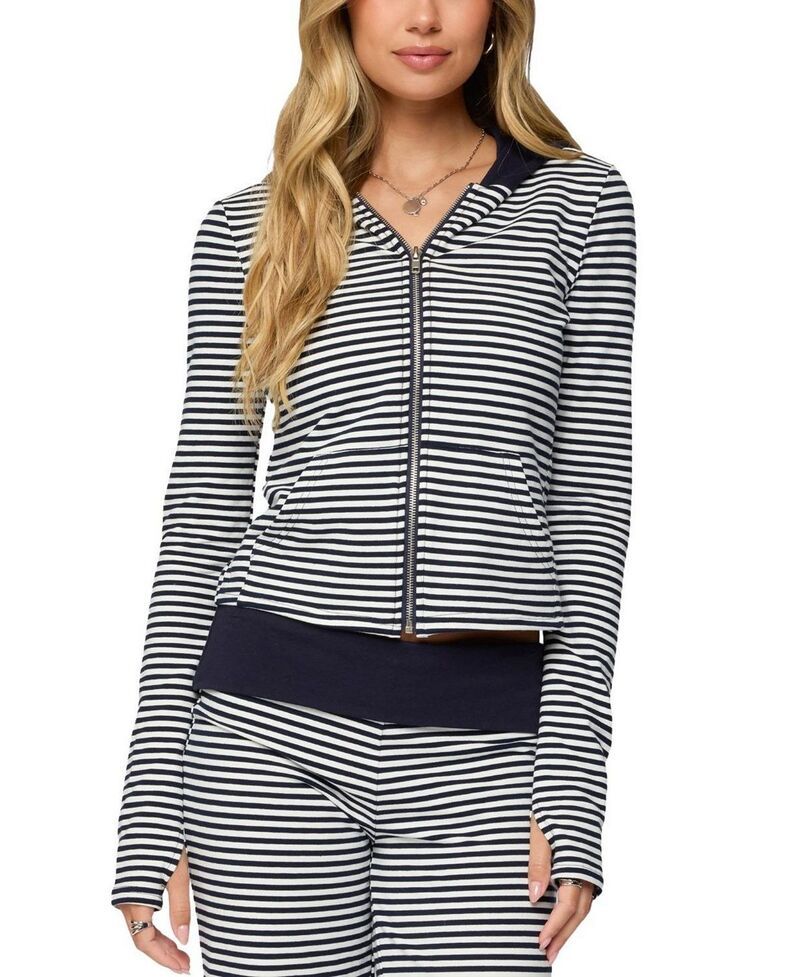 アディクテッド レディース アウター パーカー・スウェット Edikted Meggy Striped Zip Up Hoodie Navy and White ホワイト 15,360円