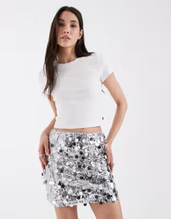 エイソス レディース ボトムスカート ミニ スパンコール ASOS DESIGN mixed sequins mini skirt Silver シルバー