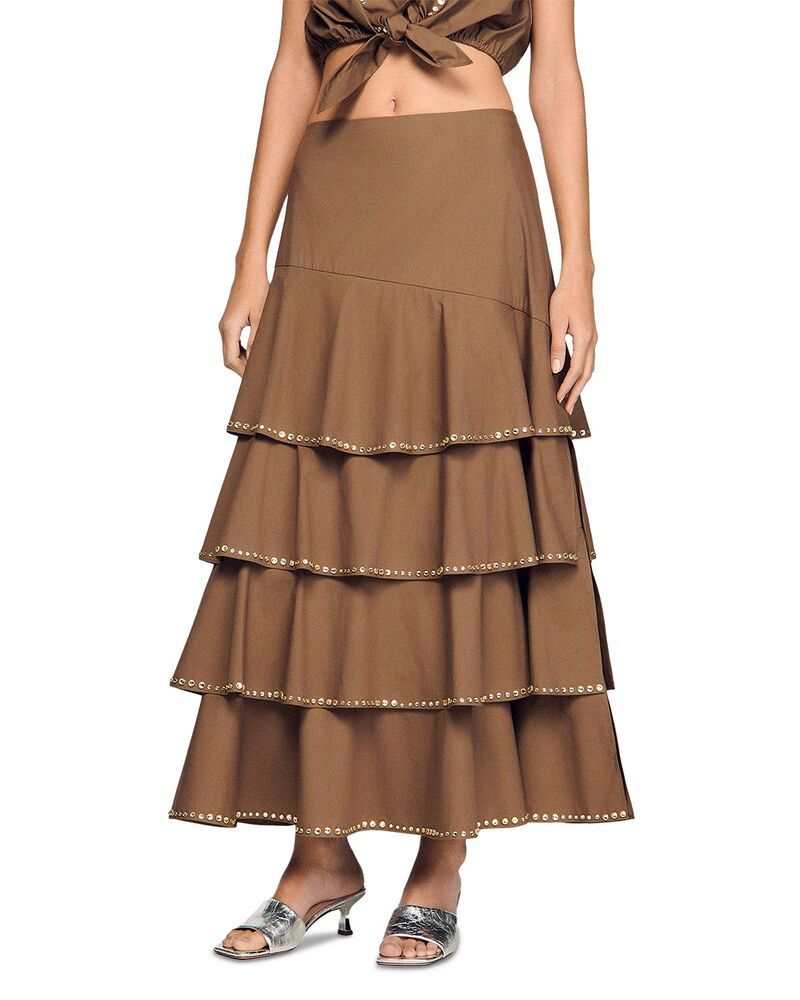 サンドロ レディース ボトムスカート フリル Sandro Telia Long Ruffled Rhinestone Skirt Brown ブラウン