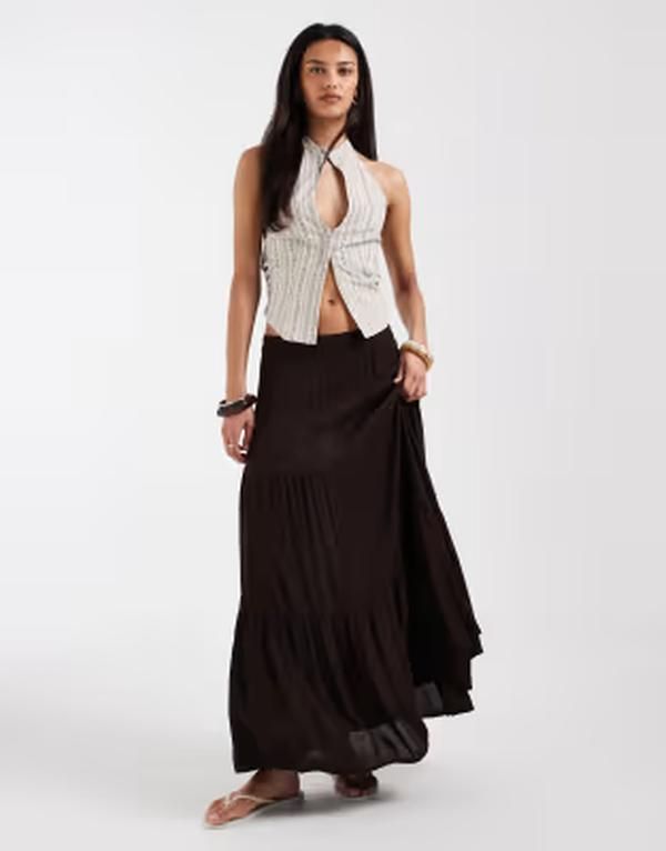 オンリー レディース ボトムスカート ティアード マキシ ONLY tiered maxi skirt BROWN ブラウン