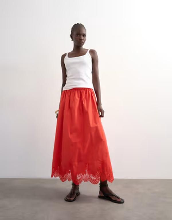 トップショップ レディース ボトムスカート レース マキシ Topshop lace hem full circle maxi skirt RED レッド