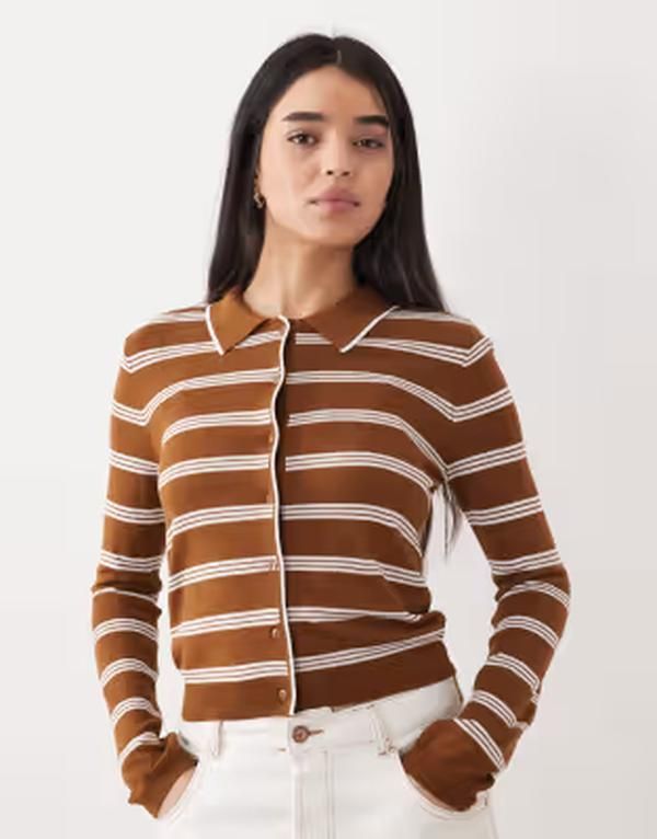 マンゴ レディース アウター カーディガン ポロシャツ ニット Mango knit polo cardigan stripes BROWN ブラウン