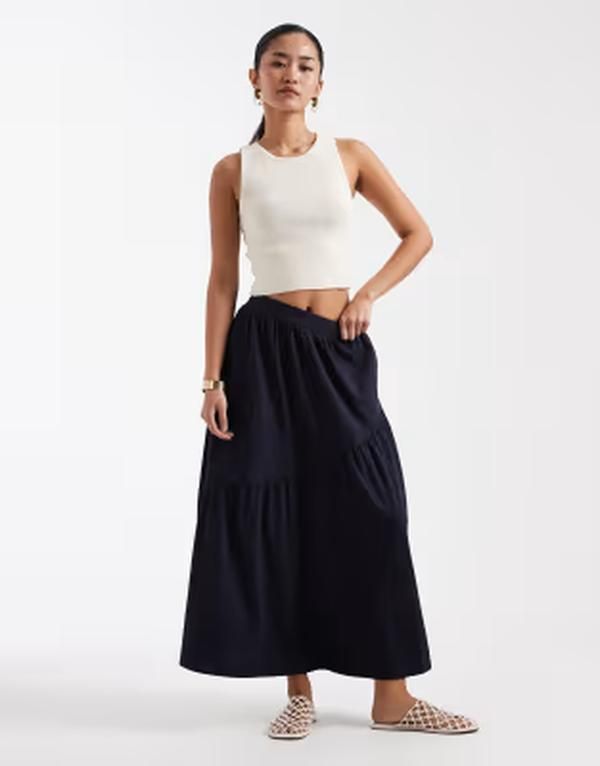 スリードベア レディース ボトムスカート アシンメトリー ミディ ジャージー Threadbare jersey midi skirt with asymmetric tier NAVY ネイビー