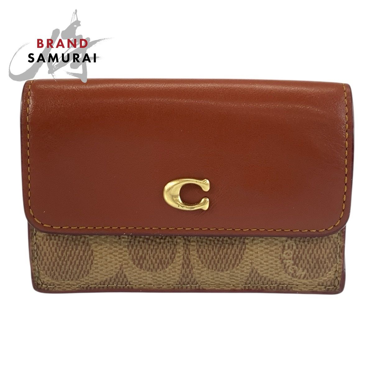 美品 COACH コーチ シグネチャー ミニ トライフォールド ブラウン ゴールド金具 CM438 折り財布 コンパクトウォレット レディース 603644【中古】