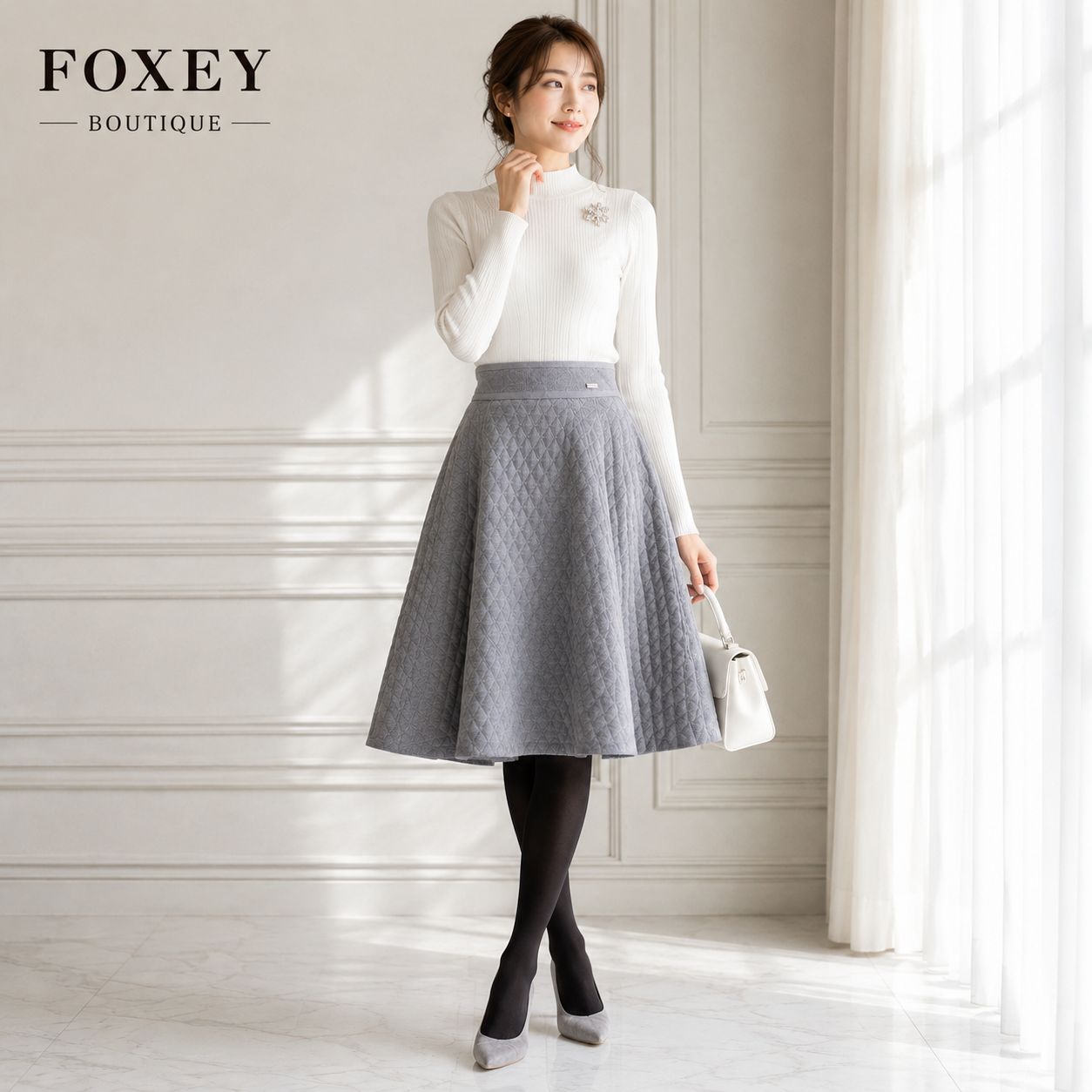 【未使用に近い /「高級ウール100％×ふんわり中綿入りのマトラッセ」】FOXEY BOUTIQUE / フォクシーブティック40 グレー 美シルエット 大人上品【クリーニング済】通勤 学校行事 お食事会 お出かけ