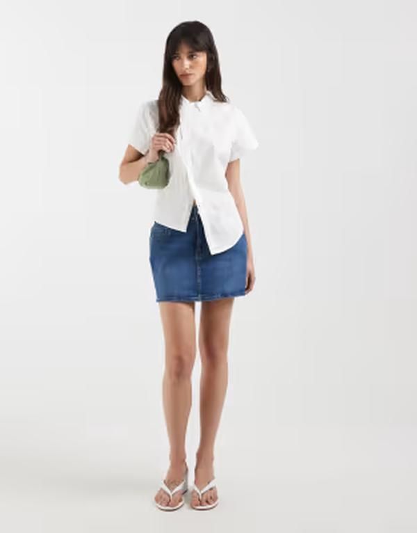 オンリー レディース ボトムスカート ミニ デニム ONLY denimini skirt in mid BLUE ブルー