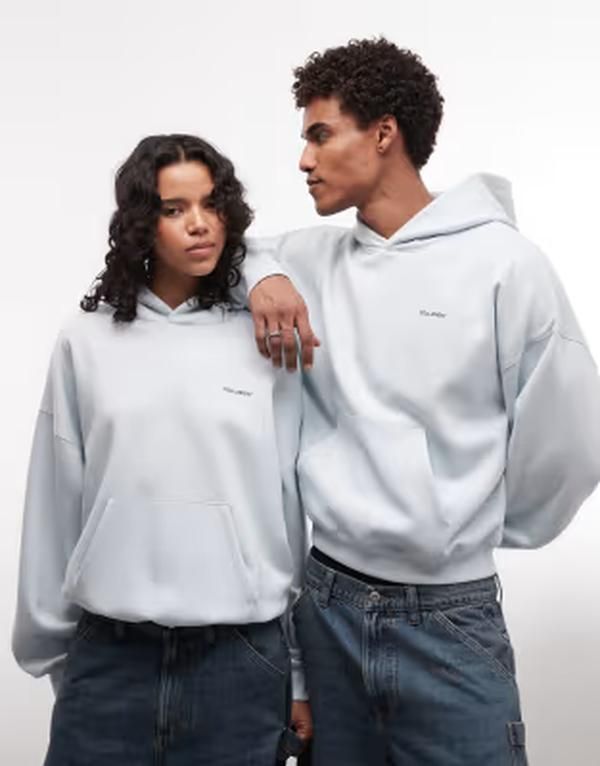 コルージョン レディース アウター パーカー・スウェット ロゴ COLLUSION Unisex oversized boxy logo hoodie in baby BLUE ブルー