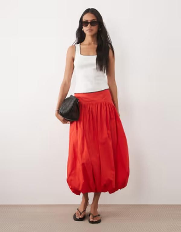 エイソス レディース ボトムスカート マキシ ASOS DESIGN dropped waist bubble maxi skirt Red レッド