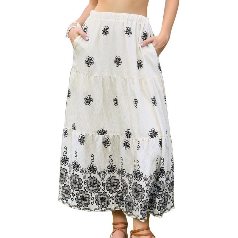 インスパイア シック レディース ボトムスカート フリル裾 A ライン ハイウエスト フリル マキシ INSPIRE CHIC Boho Maxi Skirt for Women Ruffle Hem