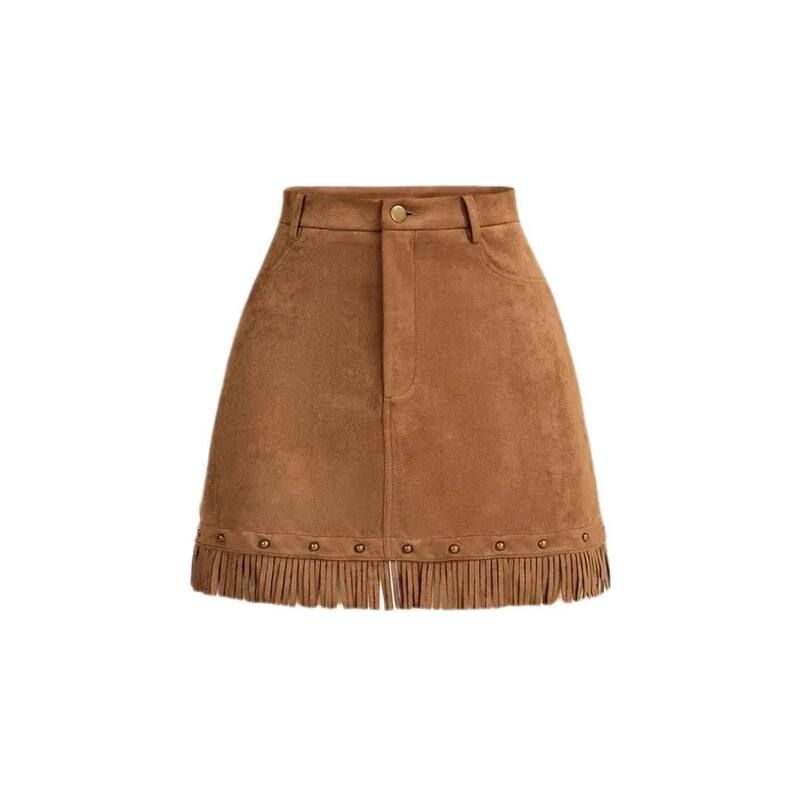 イエスファッション レディース ボトムスカート ミニ スエード フリンジ Yesfashion Womens Faux Suede Fringe Skirt High Waisted Tassel W