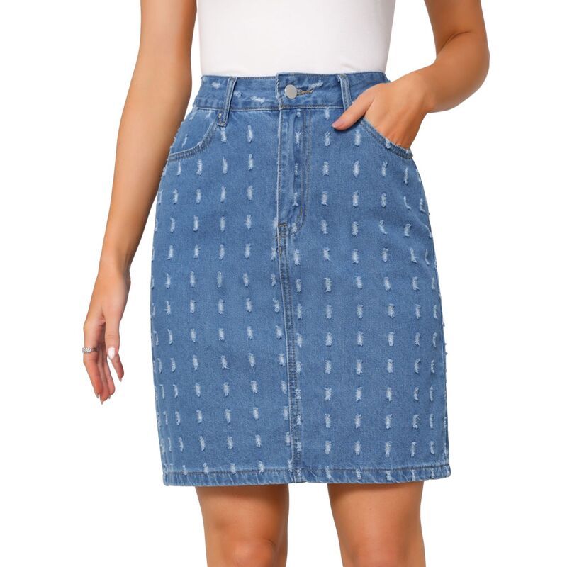 インスパイア シック レディース ボトムスカート ひざ丈 ハイウエスト デニム INSPIRE CHIC Womens Jean Skirts High Waist Swiss Dots Distre