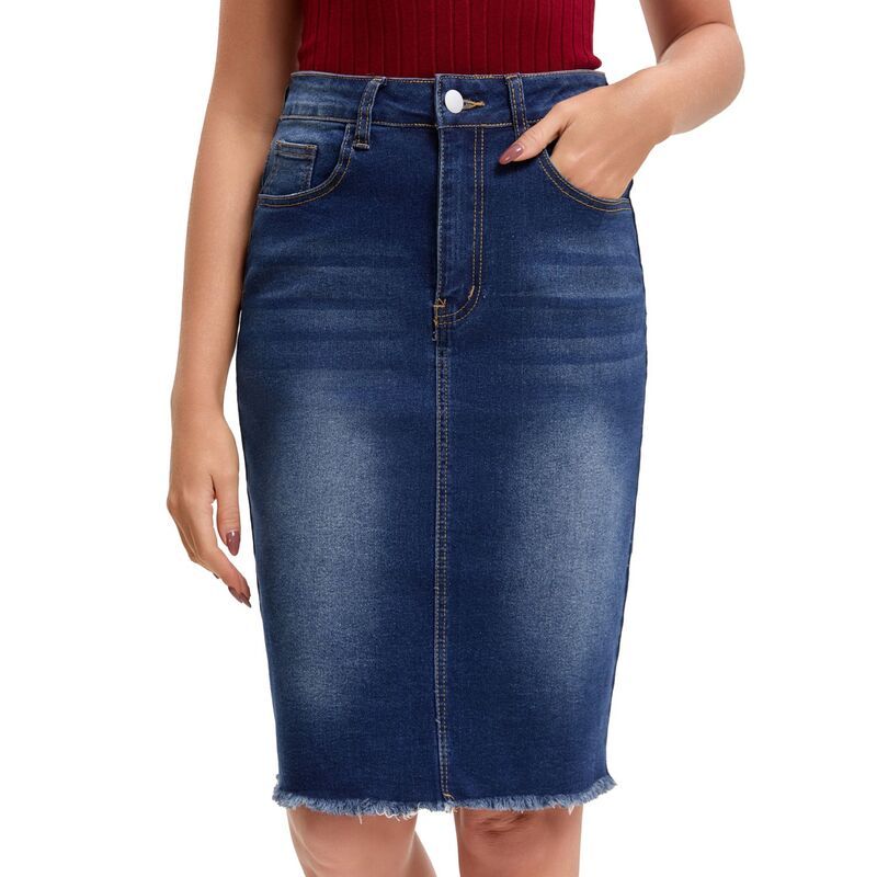 インスパイア シック レディース ボトムスカート ひざ丈 デニム INSPIRE CHIC Womens Denim Skirt Raw Hem High Waisted Pocketstretch