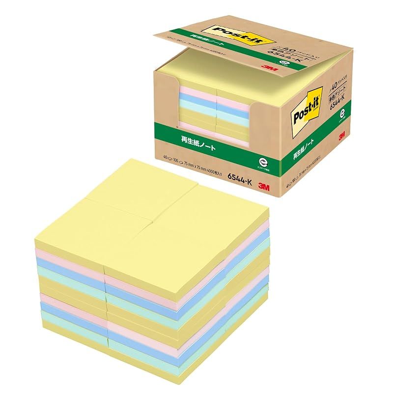 【新品】 3M ポストイット 付箋 大きい パステルカラー 75×75mm 100枚×40パッド 6544-K エコマーク認定商品 グリーン購入法適合