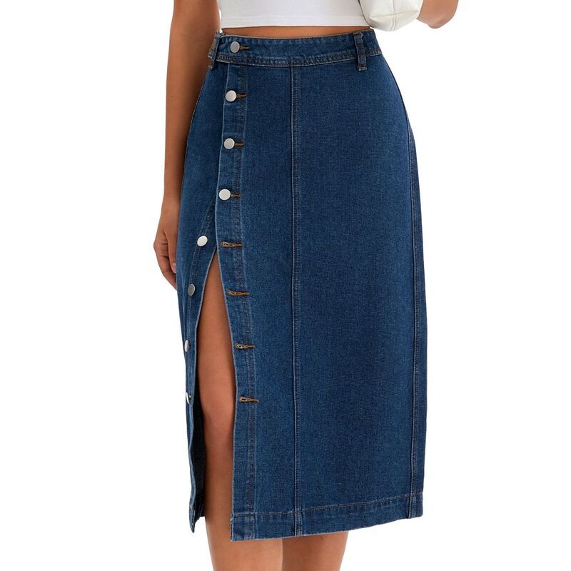 インスパイア シック レディース ボトムスカート ミディ デニム INSPIRE CHIC Women Denimidi Skirt High Waisted Button Up Casual Sli