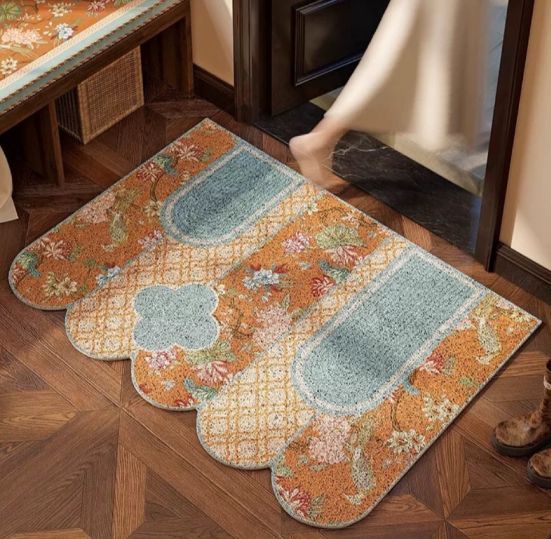 新品 和モダン花柄 和風ラグマット 泥落とし 洗える 玄関マット屋外