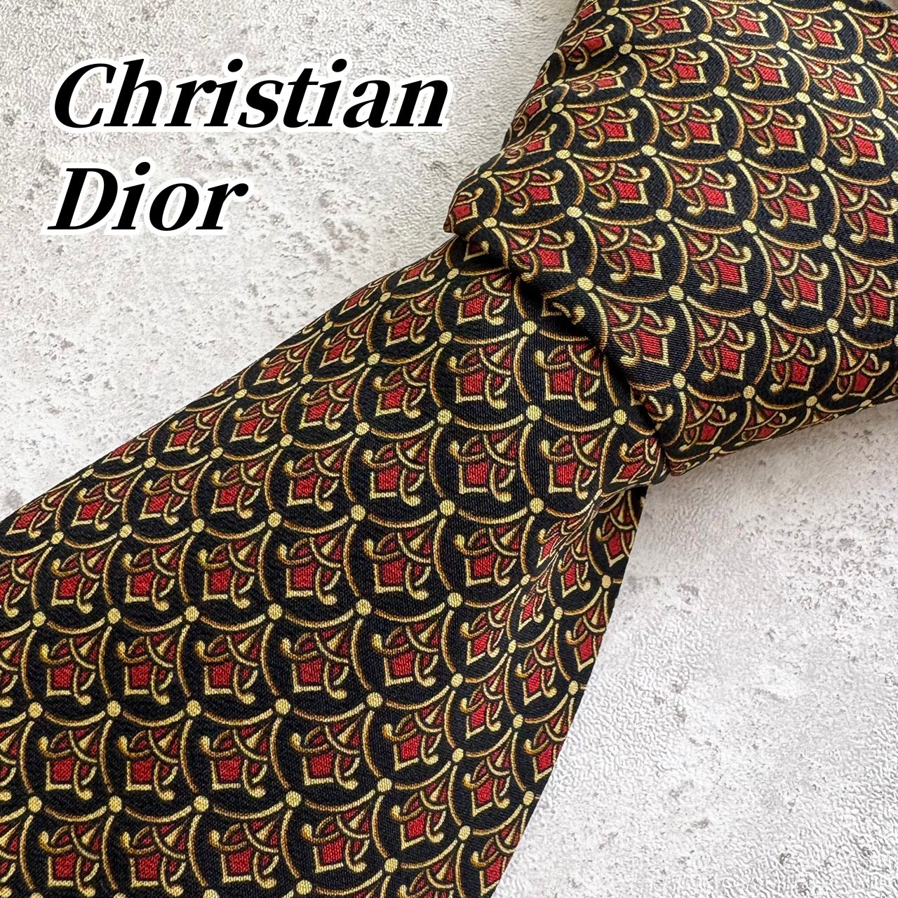 【極美品】クリスチャンディオール Christian Dior ネクタイ ブラック レッド ゴールド ピンク シルク100％ 高級 光沢 滑らか ビジネス フォーマル スーツ メンズ パーティー 結婚式 上品 華やか