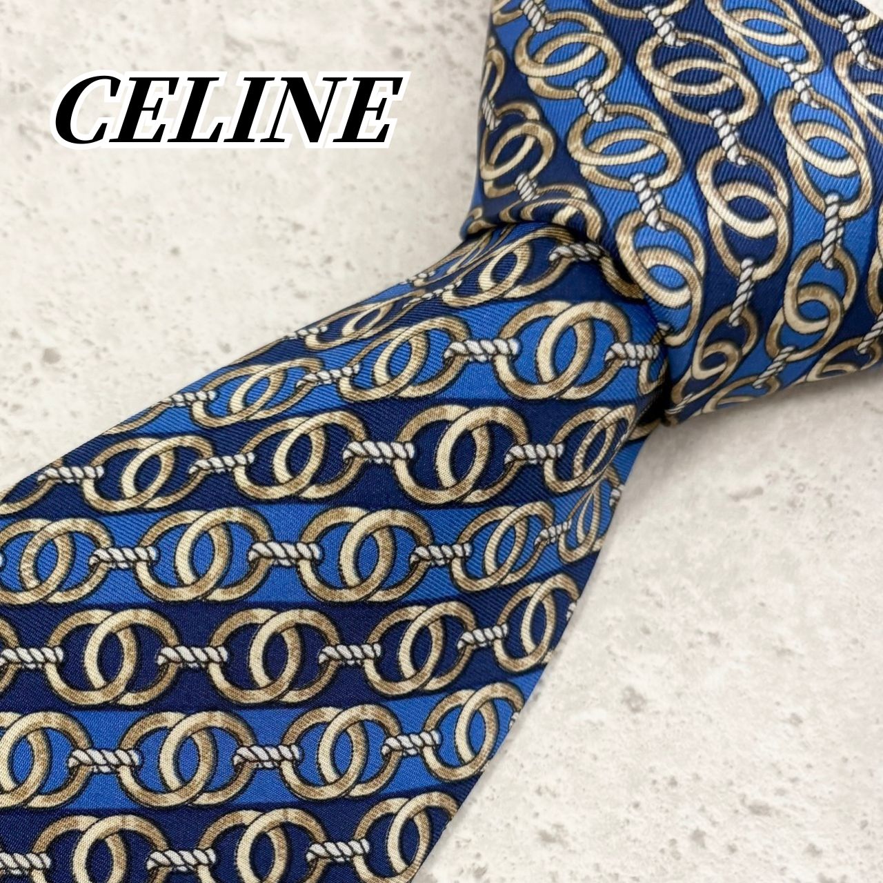 CELINE セリーヌ　メンズネクタイ　ファッション　ビジネス 極美品】セリーヌ CELINE ネクタイ ブルー ネイビー ゴールド ホワイト