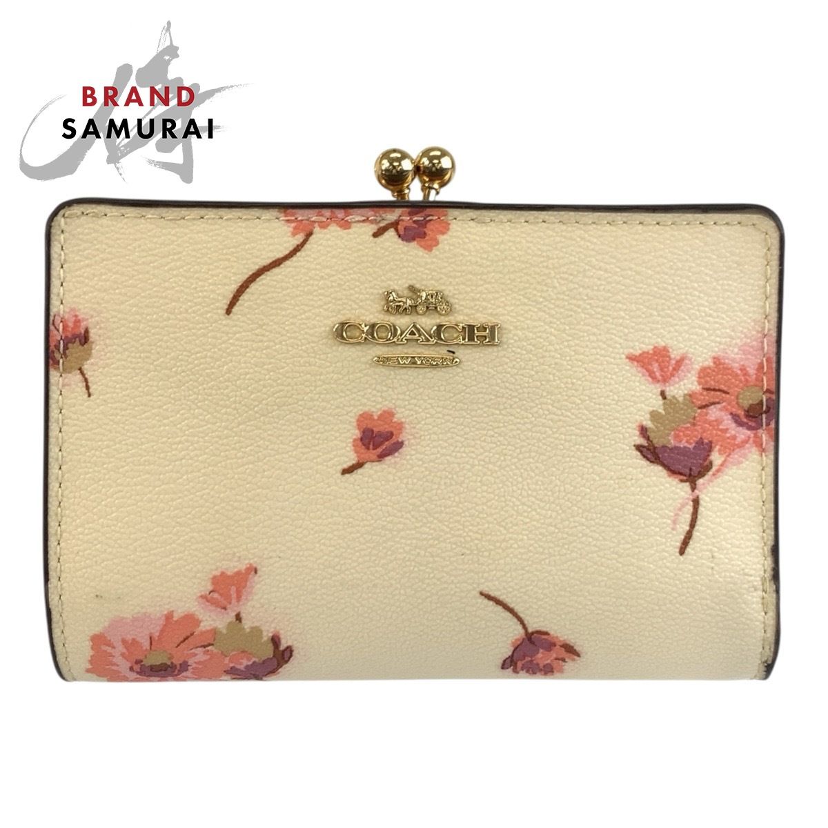 美品 COACH コーチ フローラル キスロック アイボリー ピンク ゴールド金具 PVC C8737 折り財布 コンパクトウォレット レディース 603640【中古】