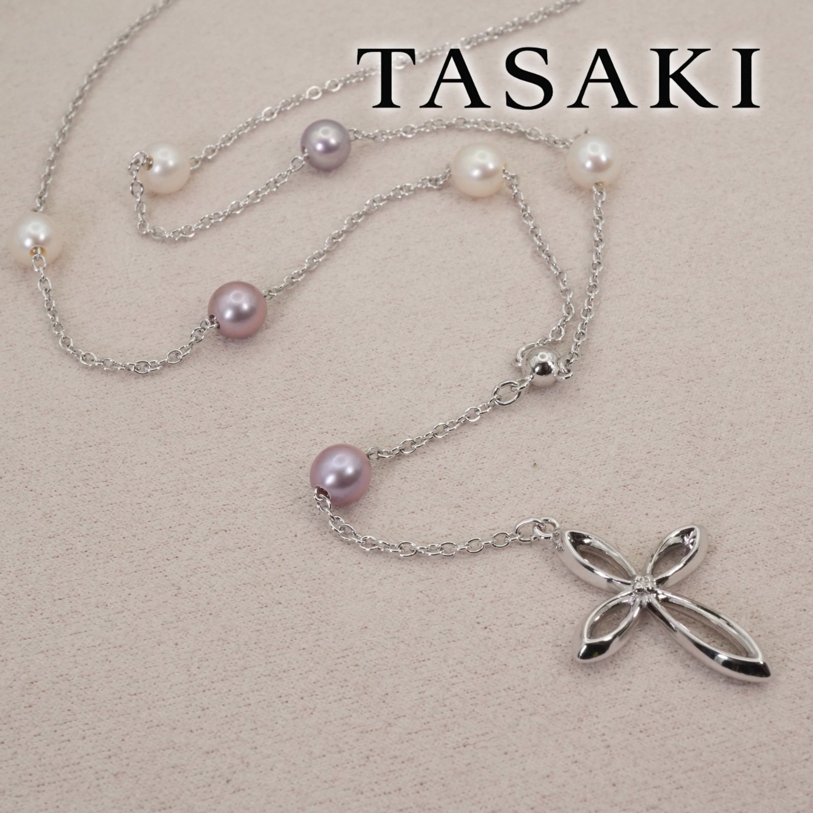 美品 タサキ Y字 ネックレス クロス バイカラー SV パール/26-0183 