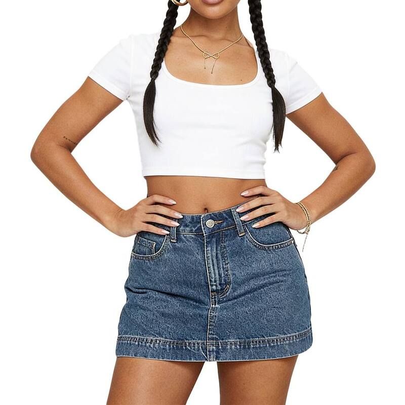 エリートスピリット レディース ボトムスカート ミニ デニム EliteSpirit Womens High Rise Denimini Skirt with Stitched Hem and Fun