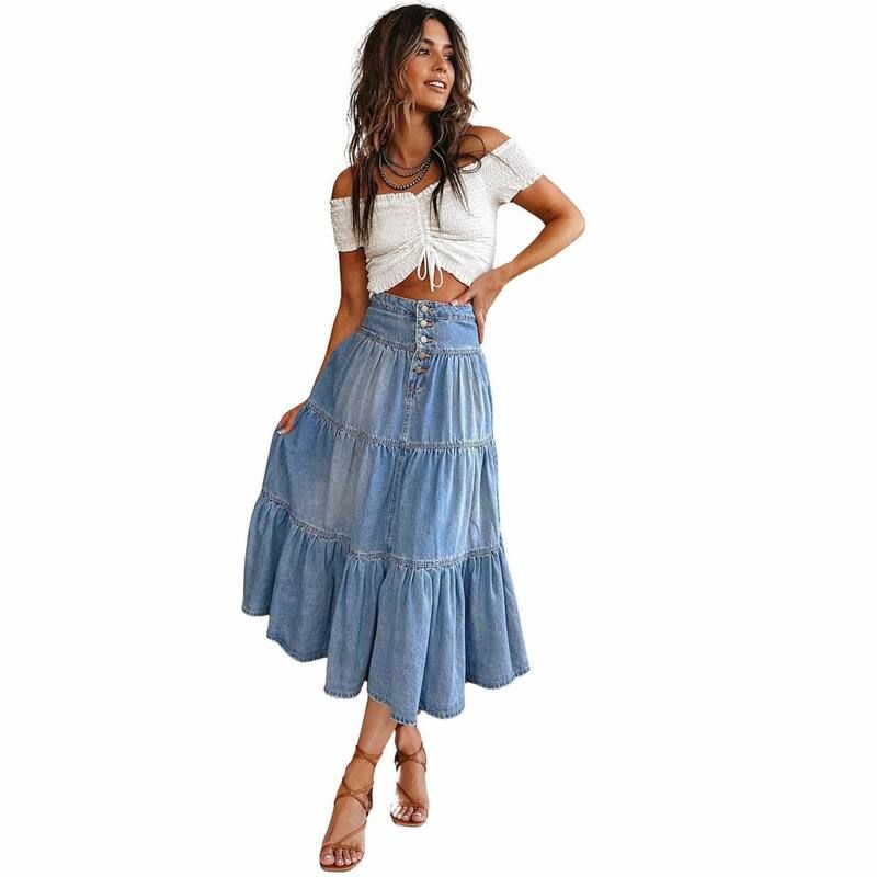 メガリテイラー レディース ボトムスカート A ライン デニム MegaRetailer Womens Long ALine Denim Skirt Blue ブルー