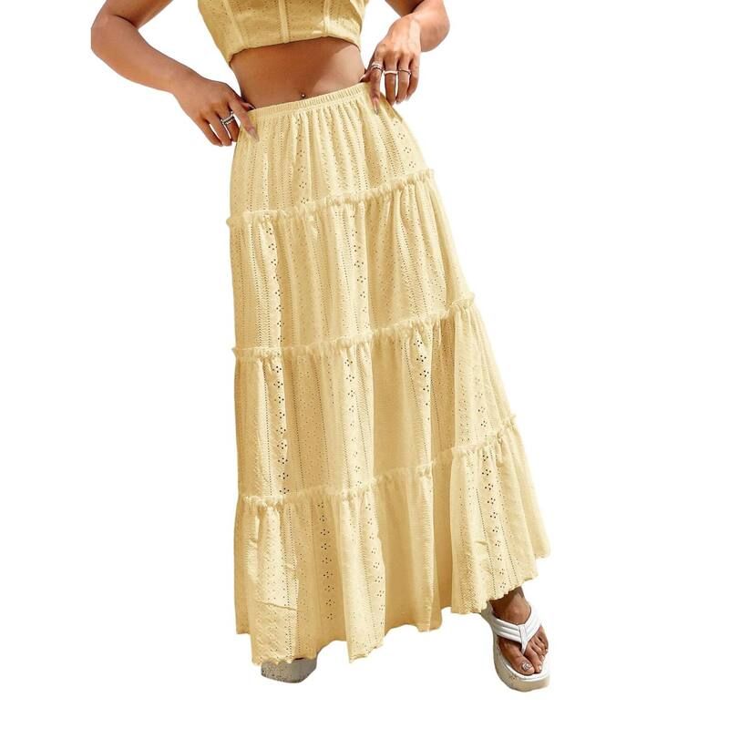 セオリア レディース ボトムスカート ハイウエスト プリーツ フリル マキシ Seoria Womensummer Maxi Skirtrendy High Waist Pleated Ruffle