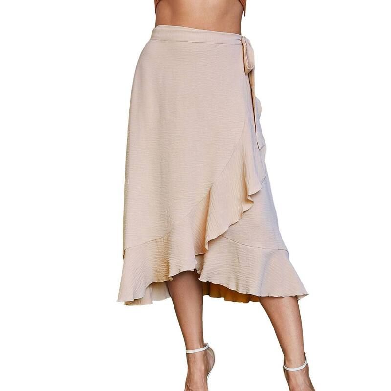 エリートスピリット レディース ボトムスカート フリル ミディ EliteSpirit Womens Wrap Midi Skirt Ruffled Hem SelfTie Belt Designed