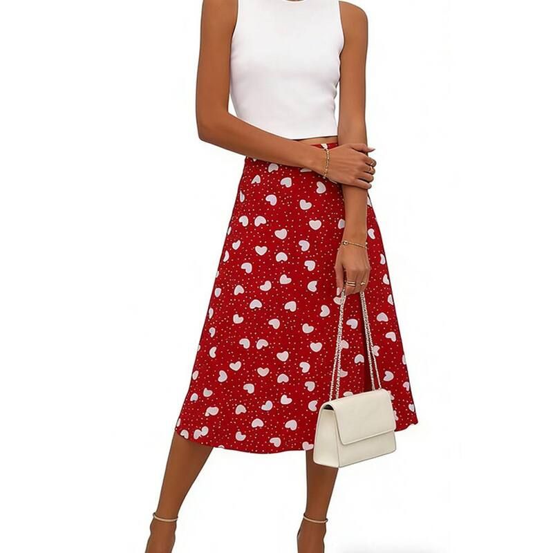 エリートスピリット レディース ボトムスカート サイドスリット A ライン ハイウエスト プリント ミディ EliteSpirit Women High Waist Heart Print Midi