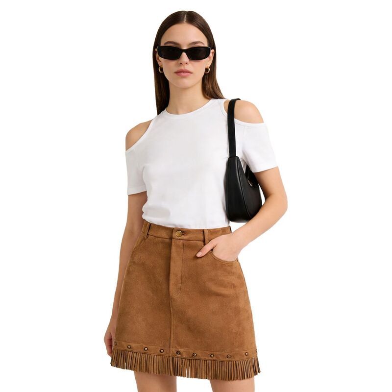 セオリア レディース ボトムスカート ミニ スエード フリンジ Seoria Womens Faux Suede Fringe Skirt High Waisted Tassel Western Sh