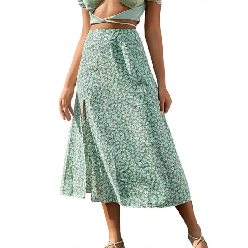 エリートスピリット レディース ボトムスカート A ライン ハイウエスト フラワー柄 ミディ フラワー EliteSpirit Womensummer Floral Slit ALine Boho M
