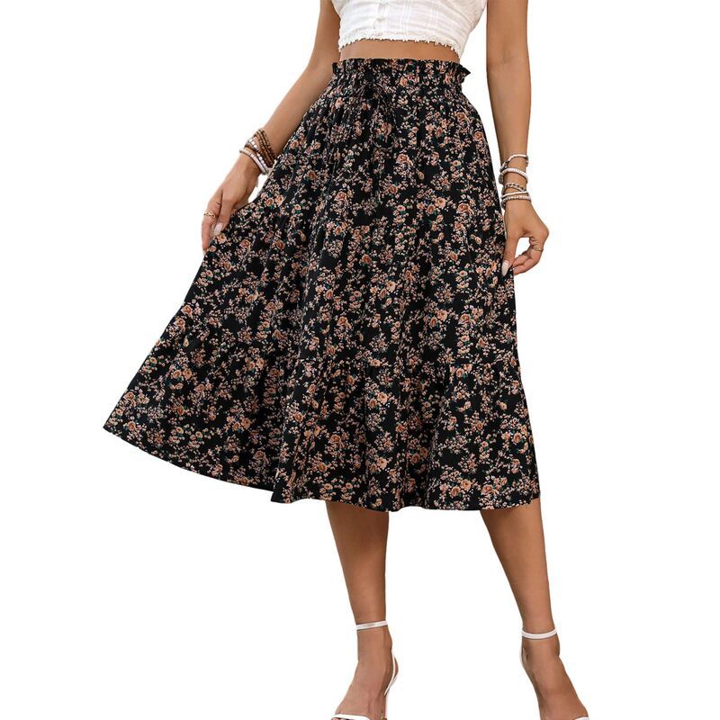 クリアフラワー レディース ボトムスカート ティアード ハイウエスト フラワー柄 フリル ミディ シャーリング ClearFlower Womens Floral Tie red Midi Skirt