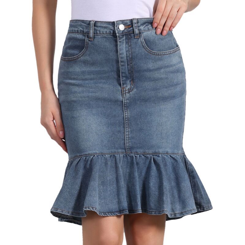 インスパイア シック レディース ボトムスカート ひざ丈 フリル デニム INSPIRE CHIC Denim Skirt for Womens Knee Length Jean Ruffled Bo