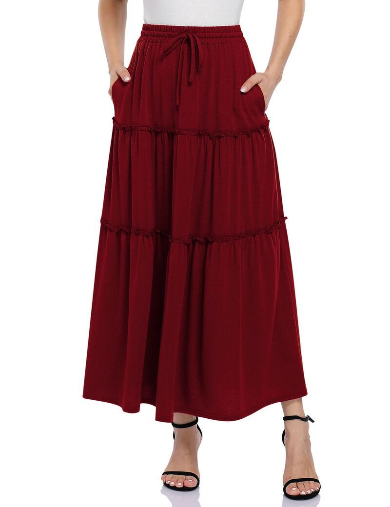 ファンジュライ レディース ボトムスカート A ライン ハイウエスト ミディ FUNJULY Womens ALine High Waist Drawstring Midi Skirt with Po
