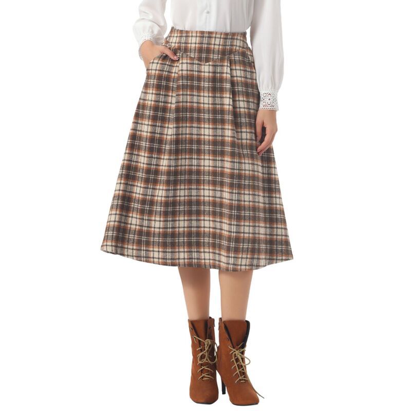 インスパイア シック レディース ボトムスカート ヴィンテージ A ライン ハイウエスト プリーツ ミディ INSPIRE CHIC Plaid Skirts for Womens Vintage H