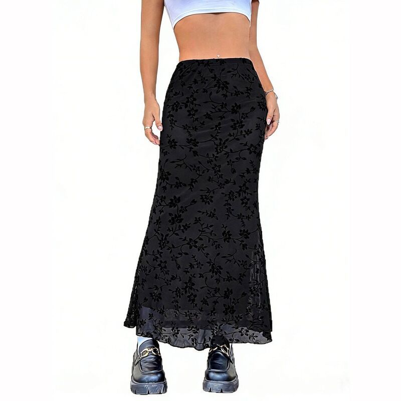 セオリア レディース ボトムスカート フラワー柄 メッシュ ミディ フラワー Seoria Womens Floral Mesh Midi Skirt Black ブラック