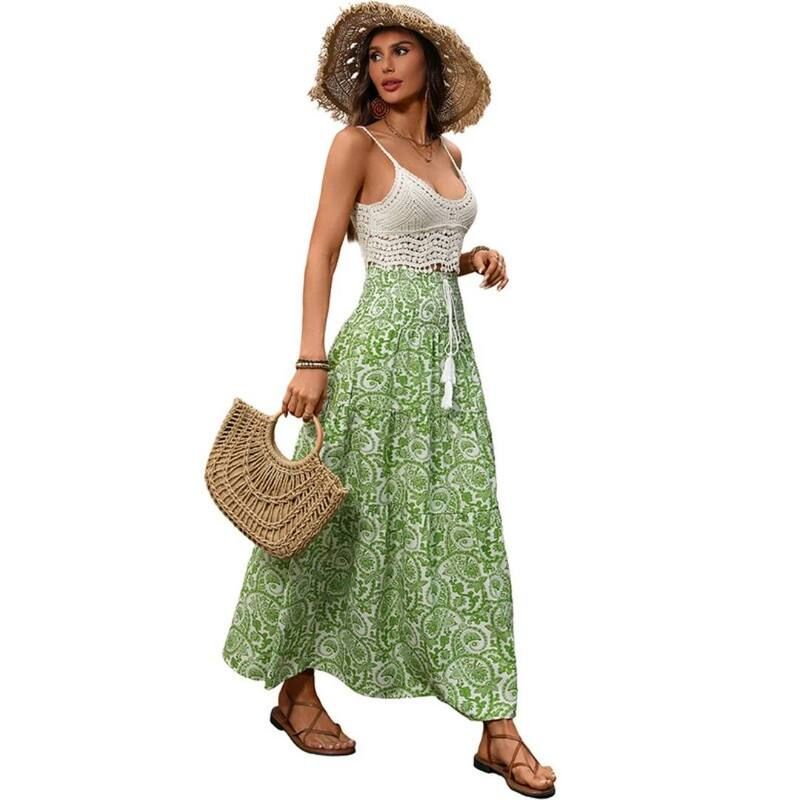 イエスファッション レディース ボトムスカート プリーツ フリル Yesfashion Womens Elastic Waist Pleated Ruffle Flowy Long Boho Beac