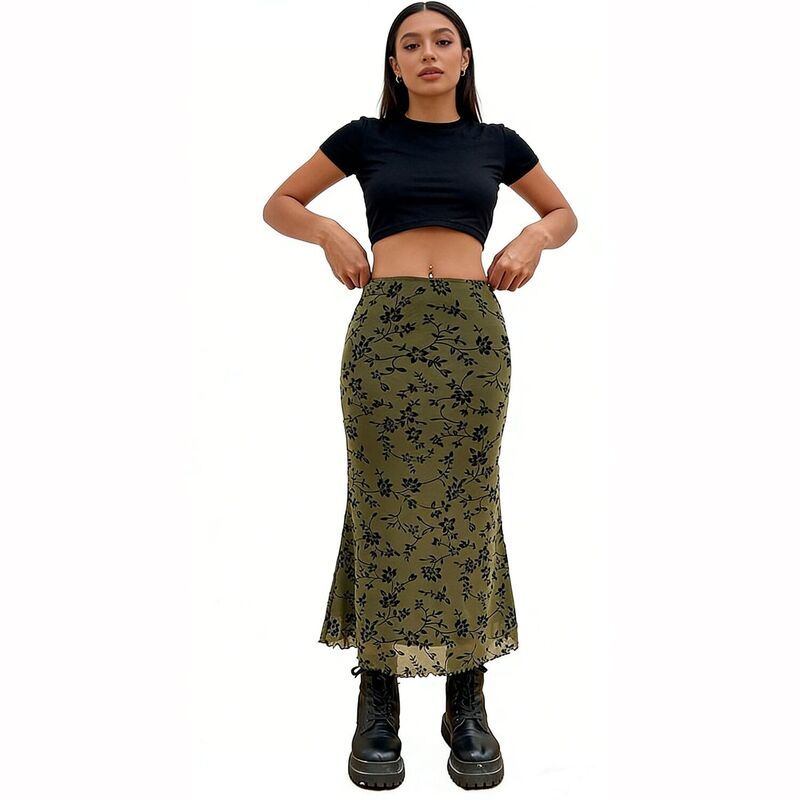 セオリア レディース ボトムスカート フラワー柄 メッシュ ミディ フラワー Seoria Womens Floral Mesh Midi Skirt Green グリーン