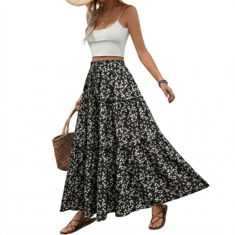 セオリア レディース ボトムスカート フラワー柄 フラワー Seoria Women Casual Flowy Long Skirt Beach Floral Elastic Waist Skirt