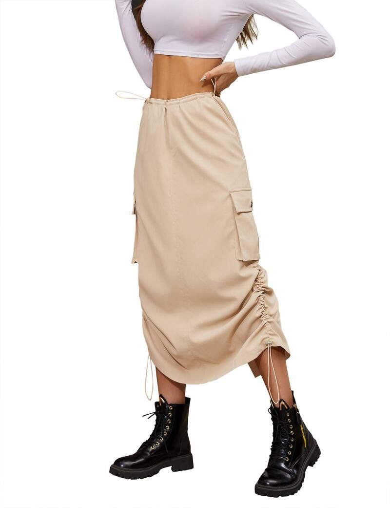 ファンジュライ レディース ボトムスカート ローライズ FUNJULY Womens Low Rise Cargo Skirt With Pockets Drawstring Apricot アプリコ