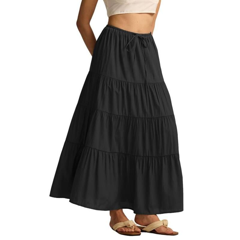 エリートスピリット レディース ボトムスカート ティアード マキシ EliteSpirit Womens Elastic Waist Drawstring Tie red Flowy Relaxed