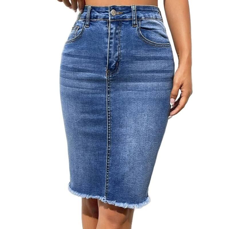 クリアフラワー レディース ボトムスカート ミディ デニム ClearFlower Womens High Waistedenim Pencil Skirt Frayed Hem Stretchy B