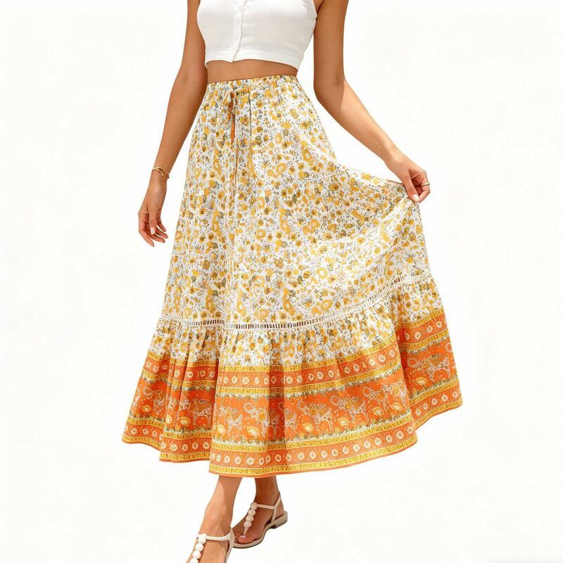 エリートスピリット レディース ボトムスカート ティアード ハイウエスト フラワー柄 プリント マキシ フラワー EliteSpirit Womens Floral Printie red Skirt