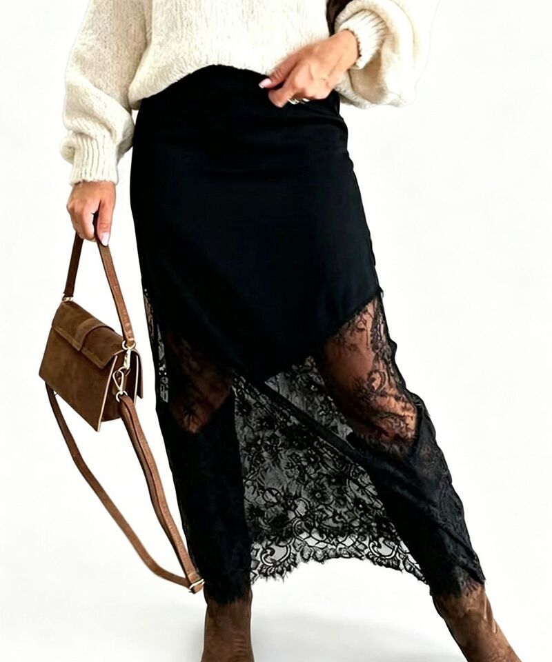 クリアラブ レディース ボトムスカート パッチワーク ミディ サテン レース Clearlove Womensatin Midi Skirt with Delicate Lace Patchwork